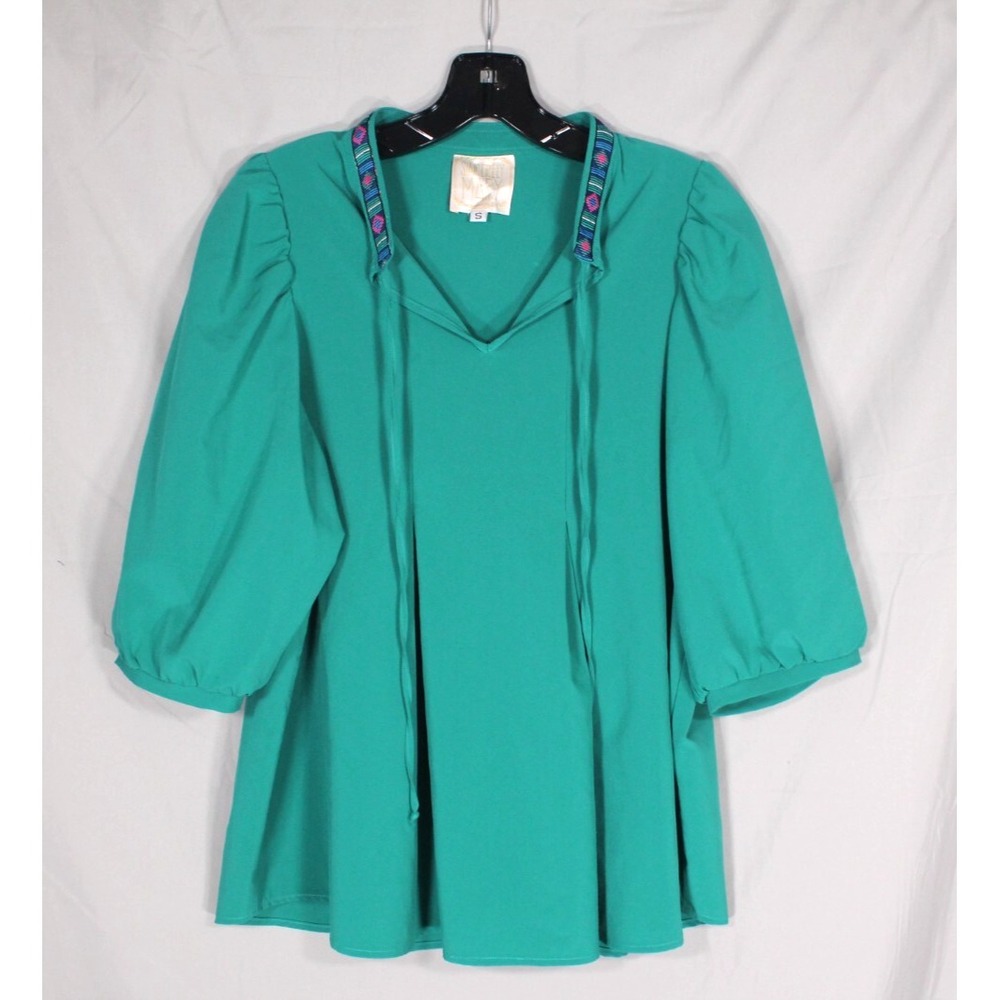 SINCERELY MARY Green SATIN Tie V-Neck PLEATED FRONT Puff Sleeve BLOUSE/TOP Sz S